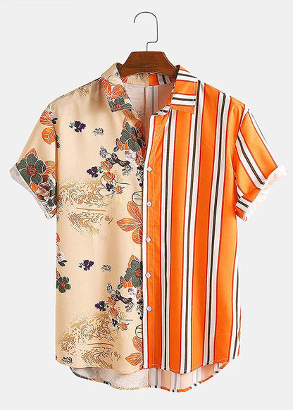 Striped Orange Asymmetrical Print Cotton Shirts Summer