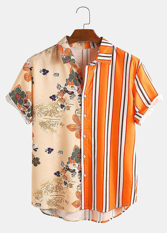 Striped Orange Asymmetrical Print Cotton Shirts Summer