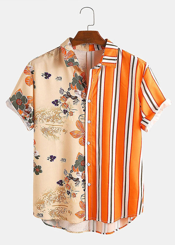 Striped Orange Asymmetrical Print Cotton Shirts Summer