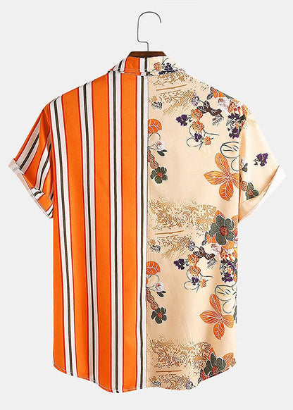 Striped Orange Asymmetrical Print Cotton Shirts Summer