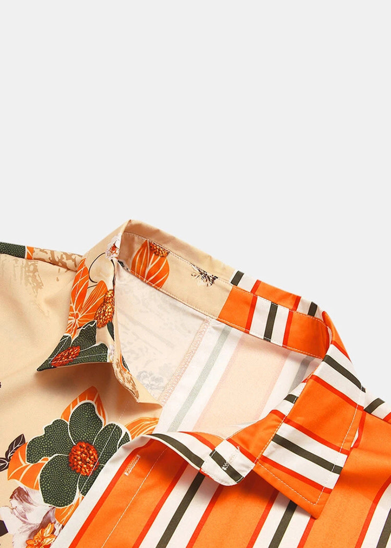 Striped Orange Asymmetrical Print Cotton Shirts Summer