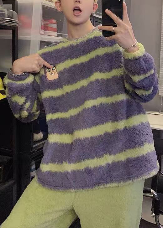 Striped Purple O Neck Cozy Fluffy Sweaters Winter