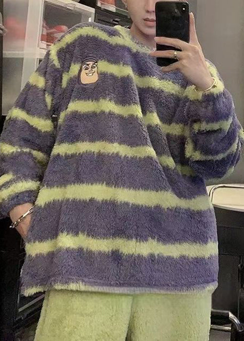 Striped Purple O Neck Cozy Fluffy Sweaters Winter