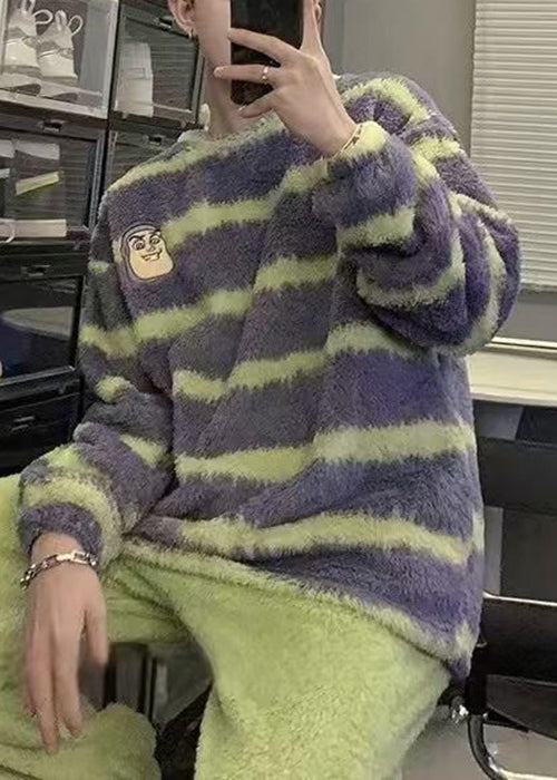 Striped Purple O Neck Cozy Fluffy Sweaters Winter
