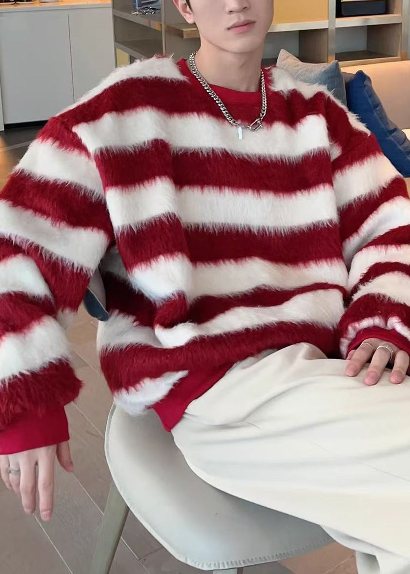 Striped Red O Neck Cozy Ma Hai Mao Sweater Fall