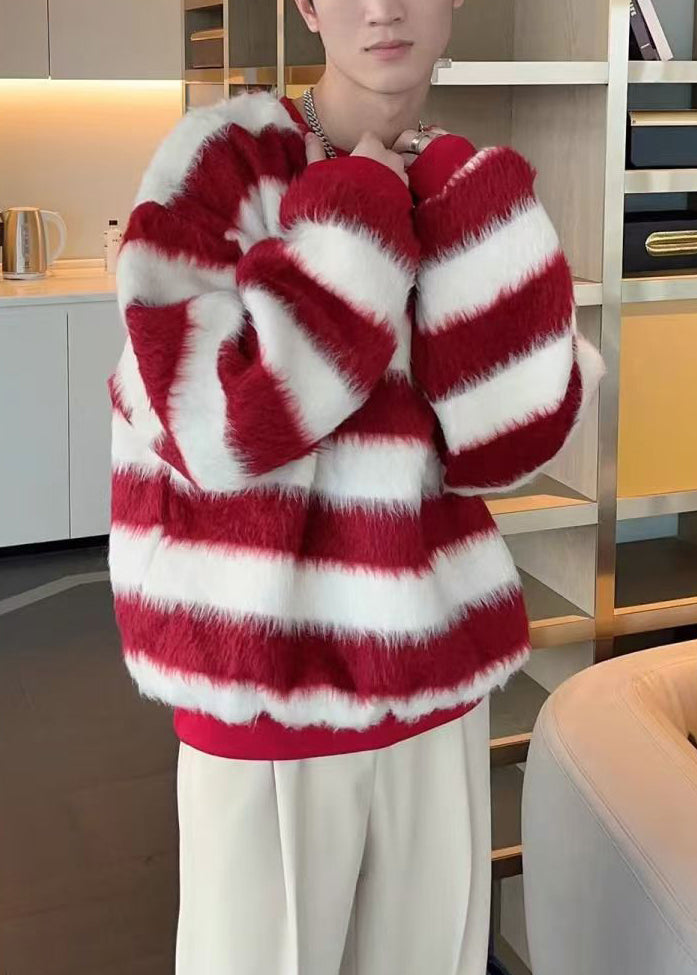 Striped Red O Neck Cozy Ma Hai Mao Sweater Fall