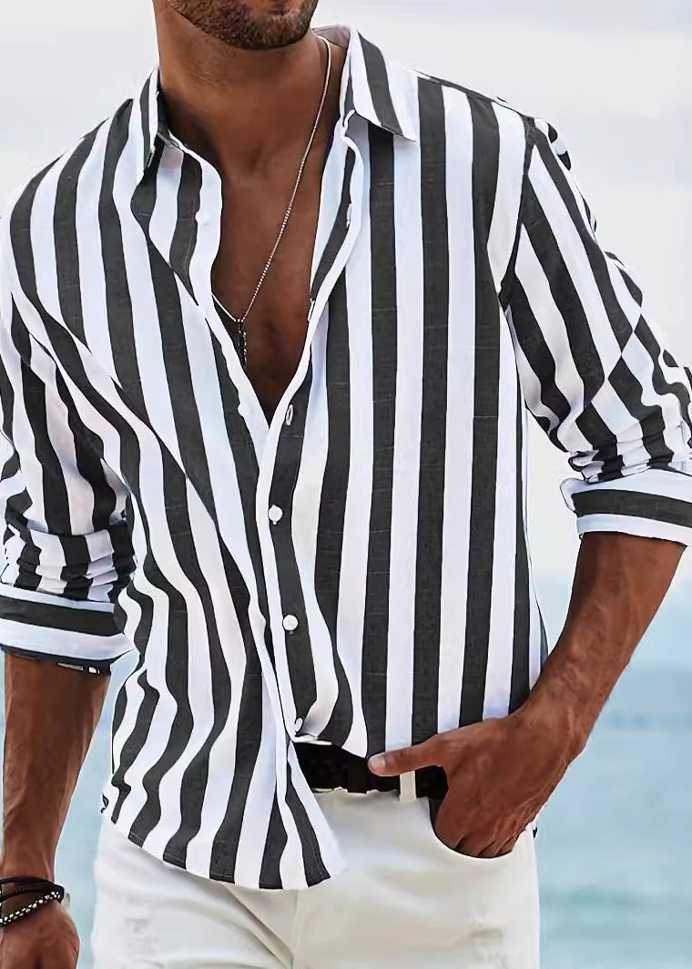 Striped Red Peter Pan Collar Button Cotton Men Shirts Fall