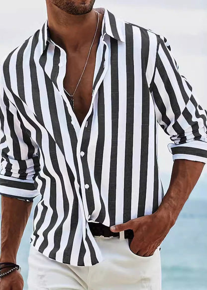 Striped Red Peter Pan Collar Button Cotton Men Shirts Fall