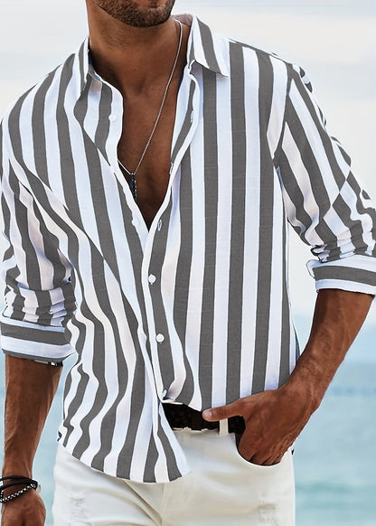 Striped Red Peter Pan Collar Button Cotton Men Shirts Fall