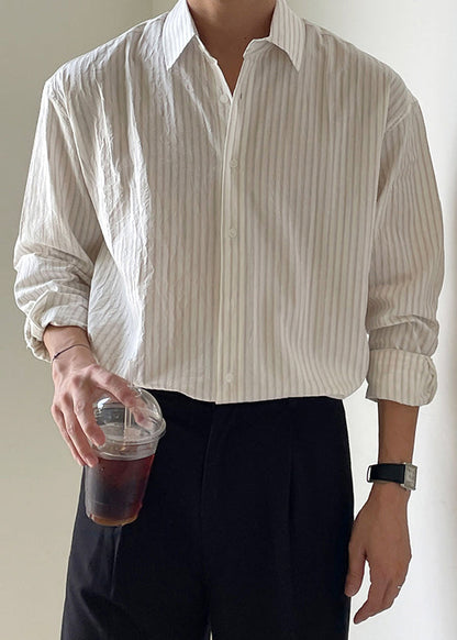 Striped White Peter Pan Collar Button Cotton Shirt Men Spring