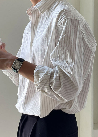 Striped White Peter Pan Collar Button Cotton Shirt Men Spring