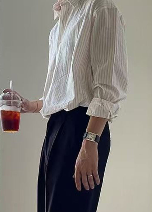 Striped White Peter Pan Collar Button Cotton Shirt Spring
