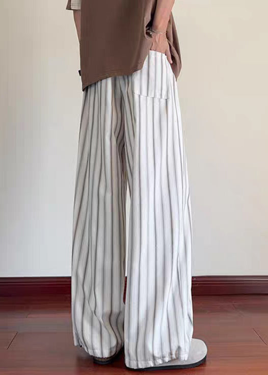 Striped White Pockets Elastic Waist Cotton Wide Leg Pants Summer