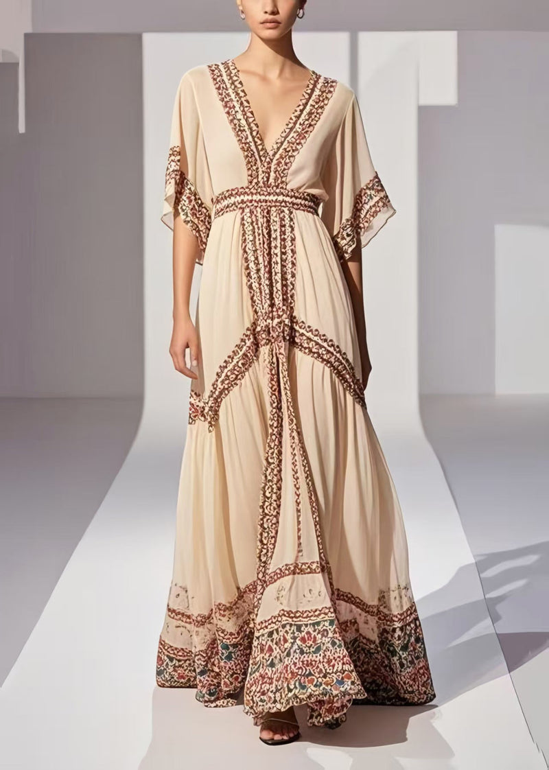 Style Apricot Print Exra Large Hem Chiffon Vacation Dress Summer