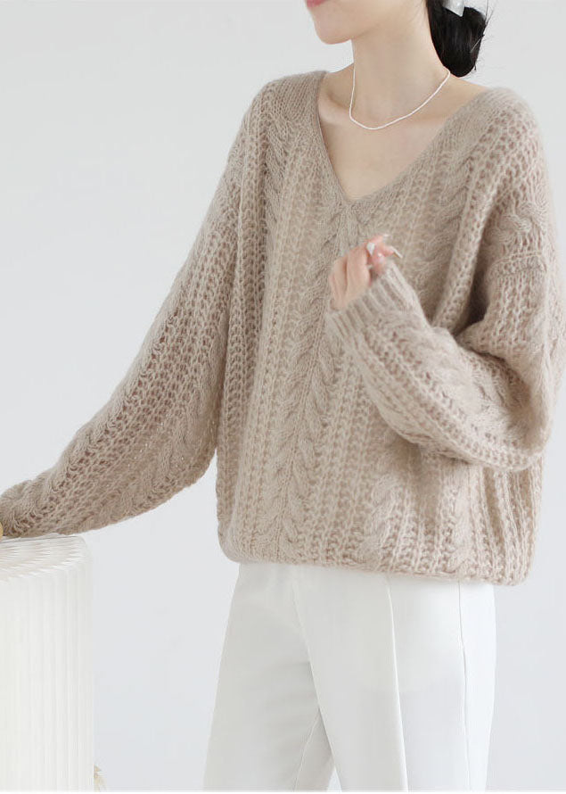 Style Apricot V Neck Chunky Oversized Ma Hai Mao Knitted Tops Spring
