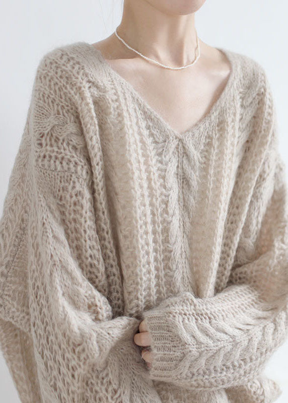 Style Apricot V Neck Chunky Oversized Ma Hai Mao Knitted Tops Spring