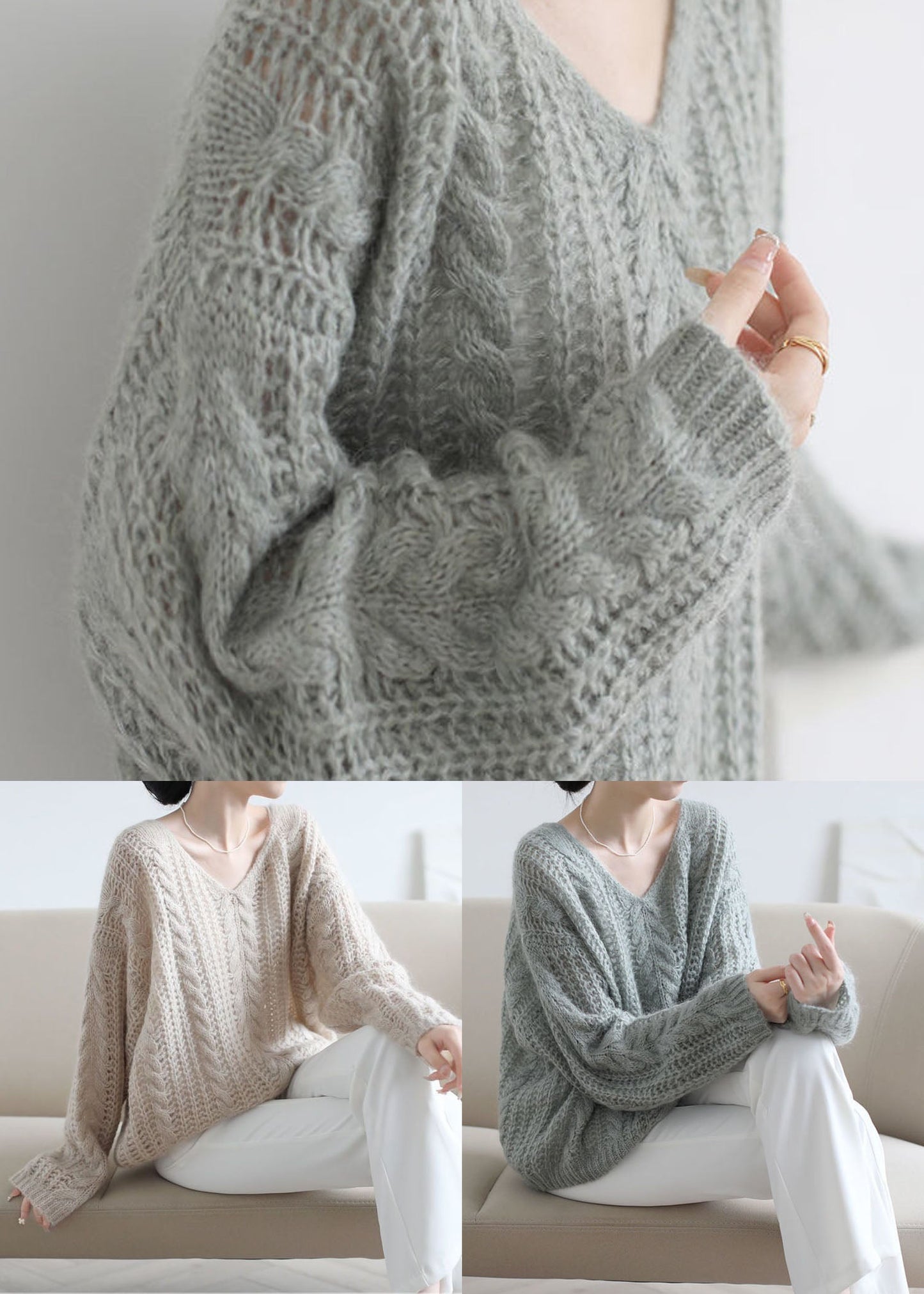 Style Apricot V Neck Chunky Oversized Ma Hai Mao Knitted Tops Spring