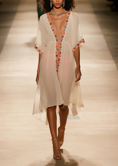 Style Apricot V Neck Cotton Vacation Dresses Summer