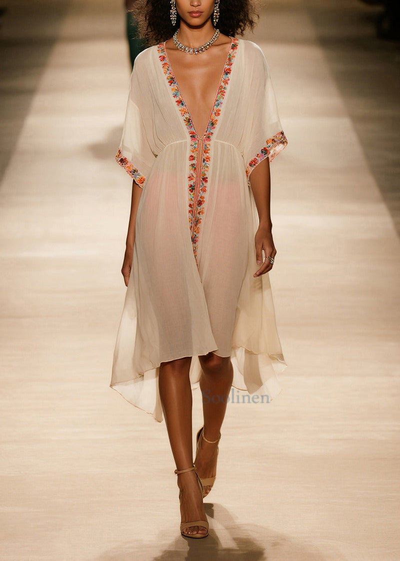 Style Apricot V Neck Cotton Vacation Dresses Summer