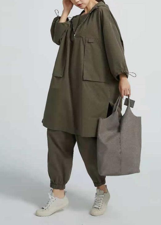 Style Arm Green Cotton Blouses For Women Side Open  Short Hooded  Long Blouse
