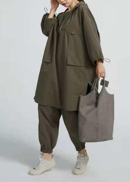 Style Arm Green Cotton Blouses For Women Side Open  Short Hooded  Long Blouse