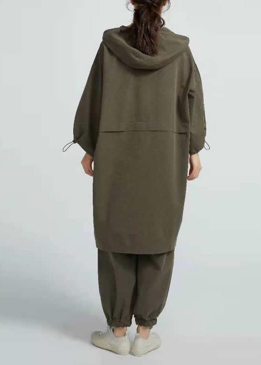 Style Arm Green Cotton Blouses For Women Side Open  Short Hooded  Long Blouse
