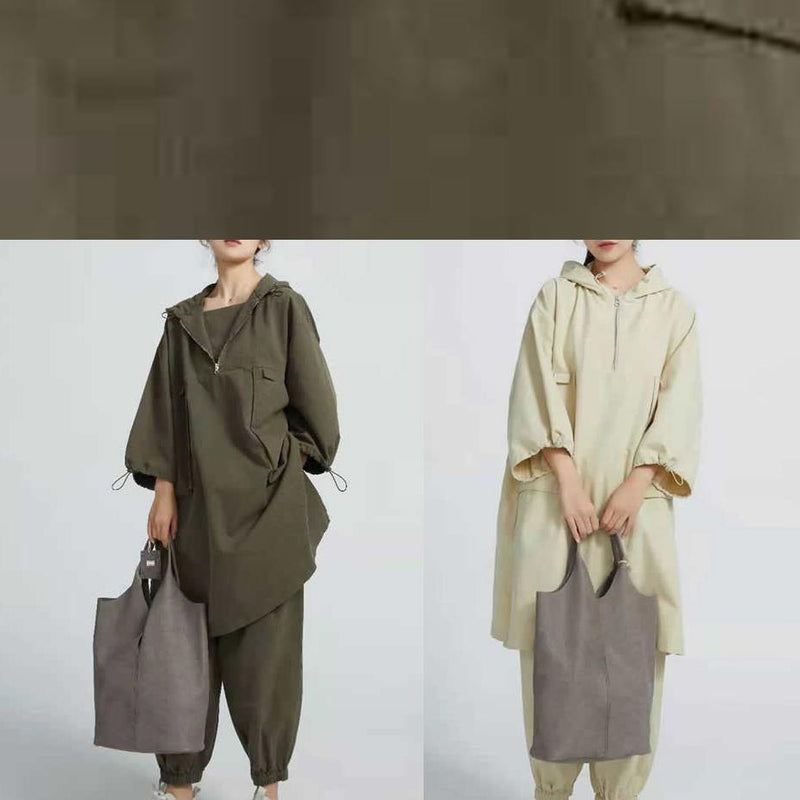 Style Arm Green Cotton Blouses for Side Open Short Hooded Long Blouse