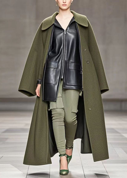 Style Army Green Oversized Patchwork Pu Woolen Fake Two Piece Trench Fall