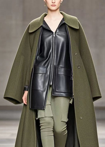 Style Army Green Oversized Patchwork Pu Woolen Fake Two Piece Trench Fall