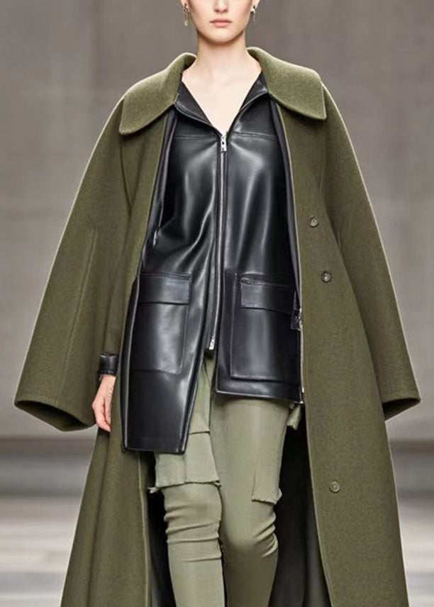 Style Army Green Oversized Patchwork Pu Woolen Fake Two Piece Trench Fall
