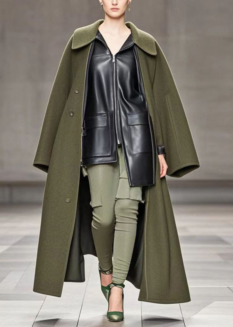 Style Army Green Oversized Patchwork Pu Woolen Fake Two Piece Trench Fall