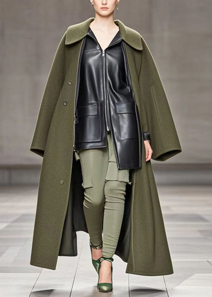 Style Army Green Oversized Patchwork Pu Woolen Fake Two Piece Trench Fall