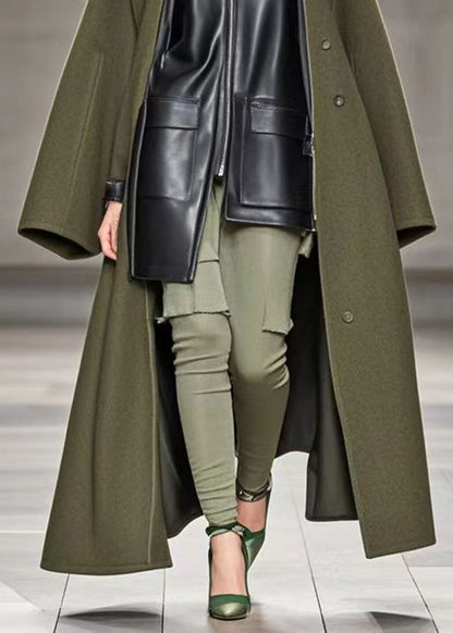 Style Army Green Oversized Patchwork Pu Woolen Fake Two Piece Trench Fall