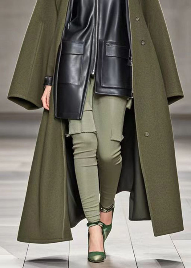 Style Army Green Oversized Patchwork Pu Woolen Fake Two Piece Trench Fall