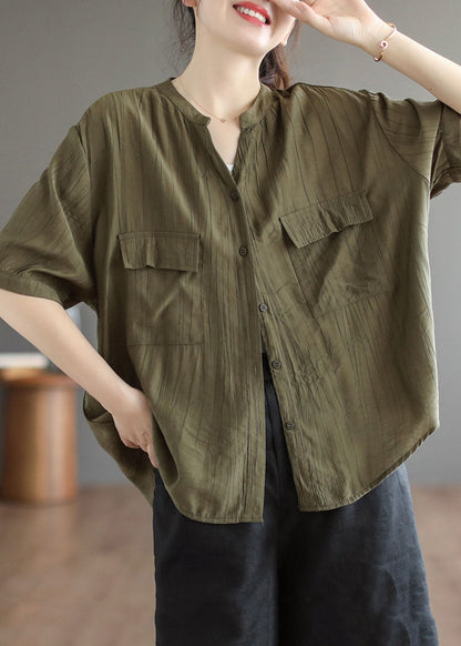 Style Army Green V Neck Wrinkled Button Cotton Shirt Tops Short Sleeve