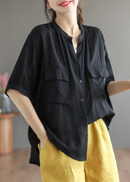 Style Army Green V Neck Wrinkled Button Cotton Shirt Tops Short Sleeve