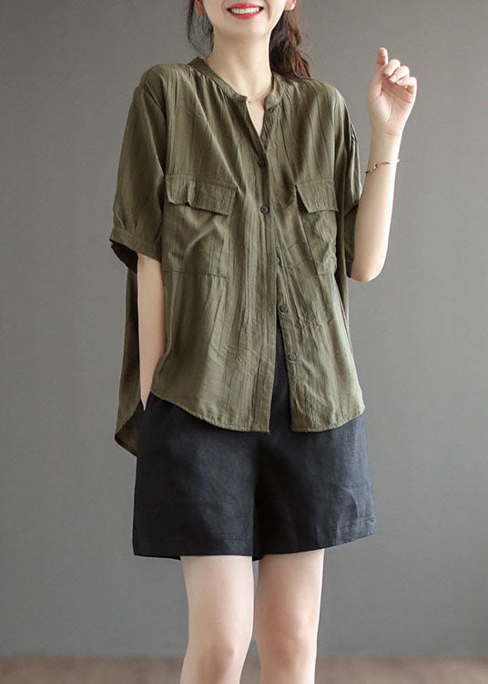 Style Army Green V Neck Wrinkled Button Cotton Shirt Tops Short Sleeve