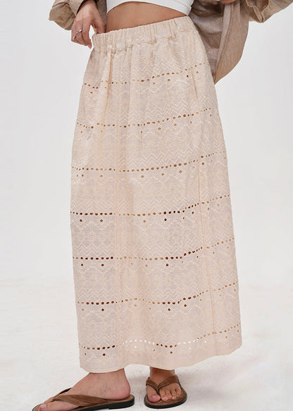 Style Beige Embroidered Hollow Out Side Open Cotton Skirts Summer
