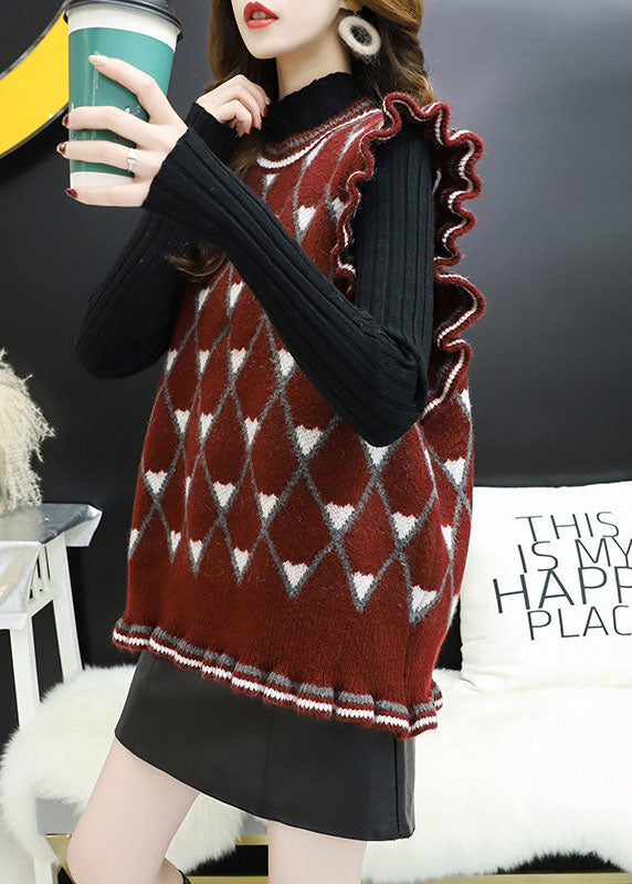 Style Beige O-neck Ruffled Plaid Fall Knit Vest