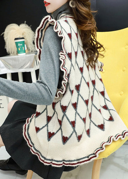 Style Beige O-neck Ruffled Plaid Fall Knit Vest