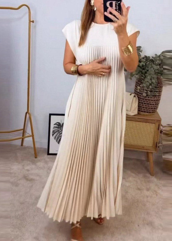 Style Beige O-neck Wrinkled Long Dress Summer