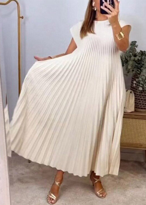 Style Beige O-neck Wrinkled Long Dress Summer