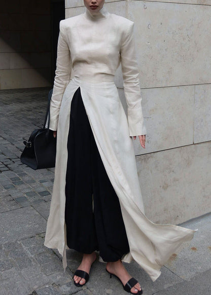 Style Beige Stand Collar Side Open Patchwork Cotton Dress Fall