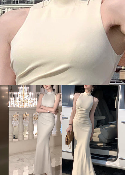 Style Beige Turtleneck Slim Maxi Dress Summer