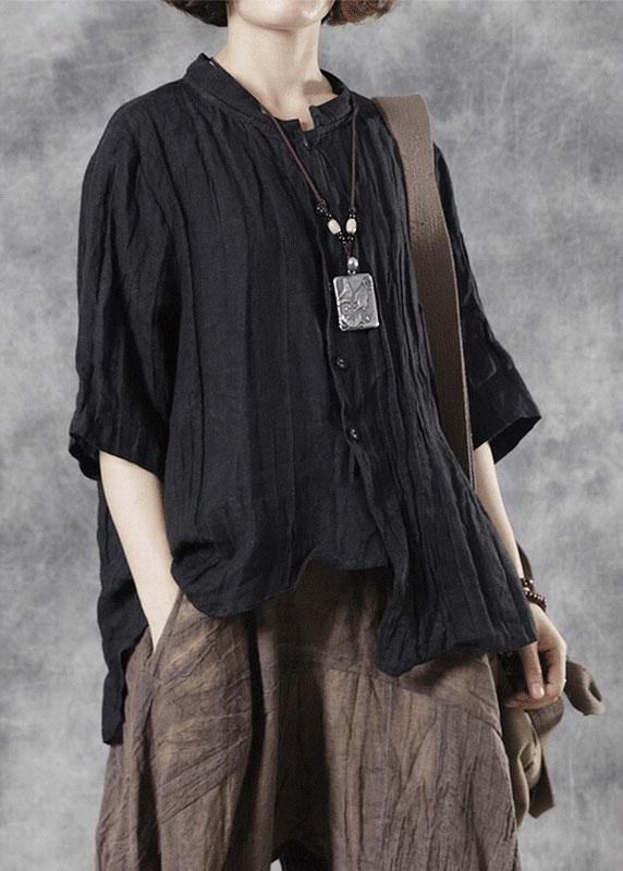 Style Black Button Stand Collar Asymmetrical Design Fall Half Sleeve Blouse Top