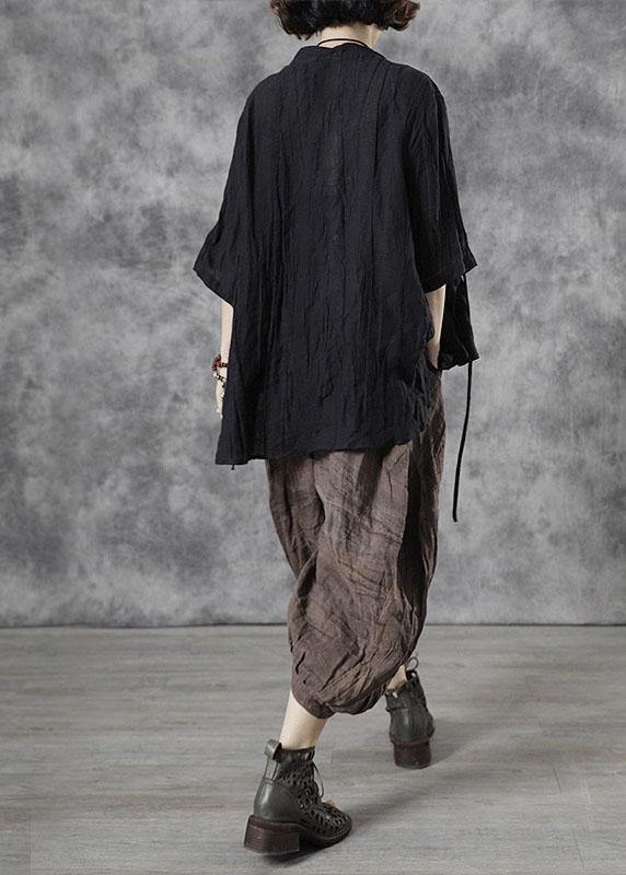 Style Black Button Stand Collar Asymmetrical Design Fall Half Sleeve Blouse Top