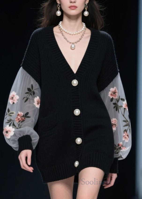 Style Black Button Tulle Patchwork Knit Cardigan Fall