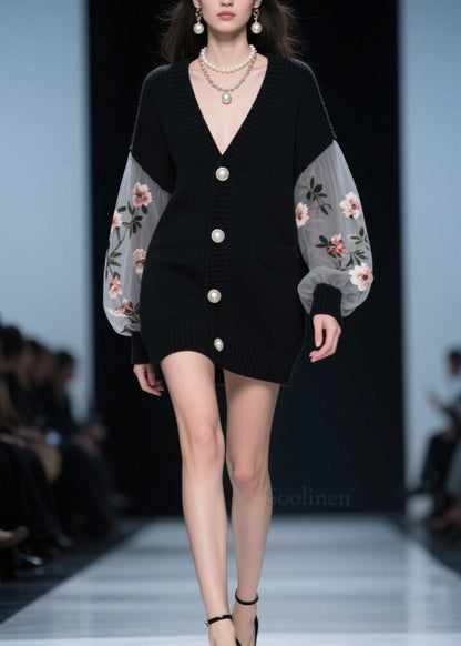 Style Black Button Tulle Patchwork Knit Cardigan Fall