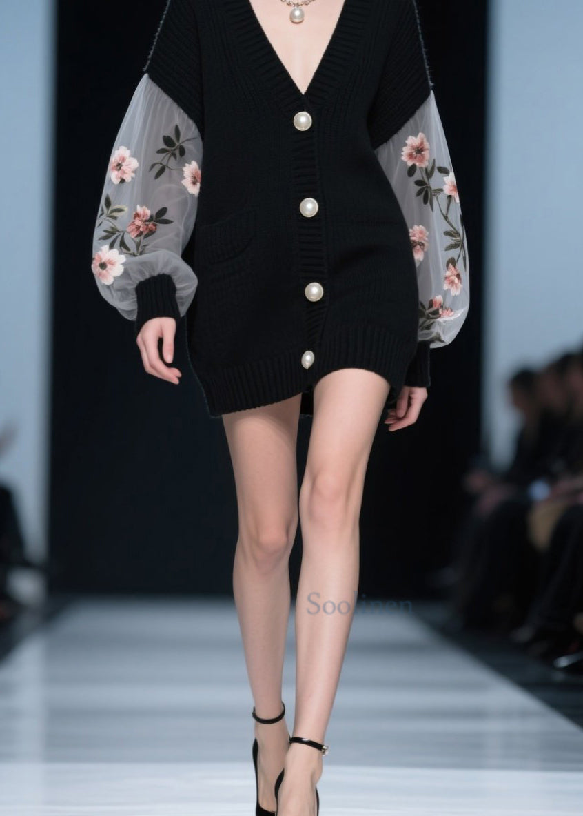 Style Black Button Tulle Patchwork Knit Cardigan Fall