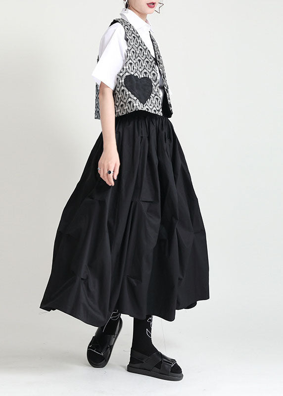 Style Black Elastic Waist Oversized Wrinkled Cotton a Line Skirts